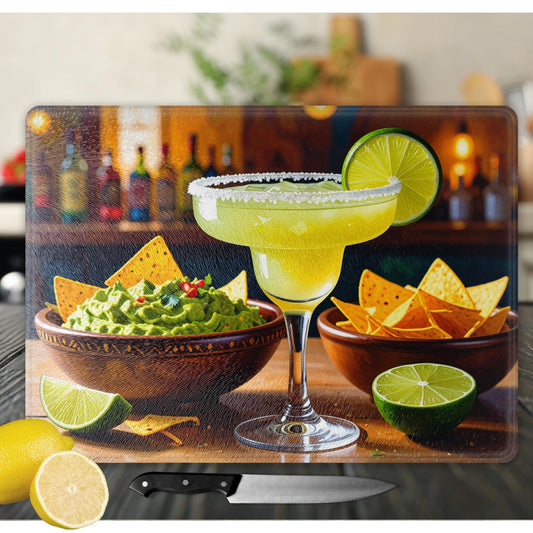 Cutting Board Home Decor Gift - Margarita with Guacamole and Chips Tempered Glass Chopping Board for Cheese & Charcuterie, Kitchen Art