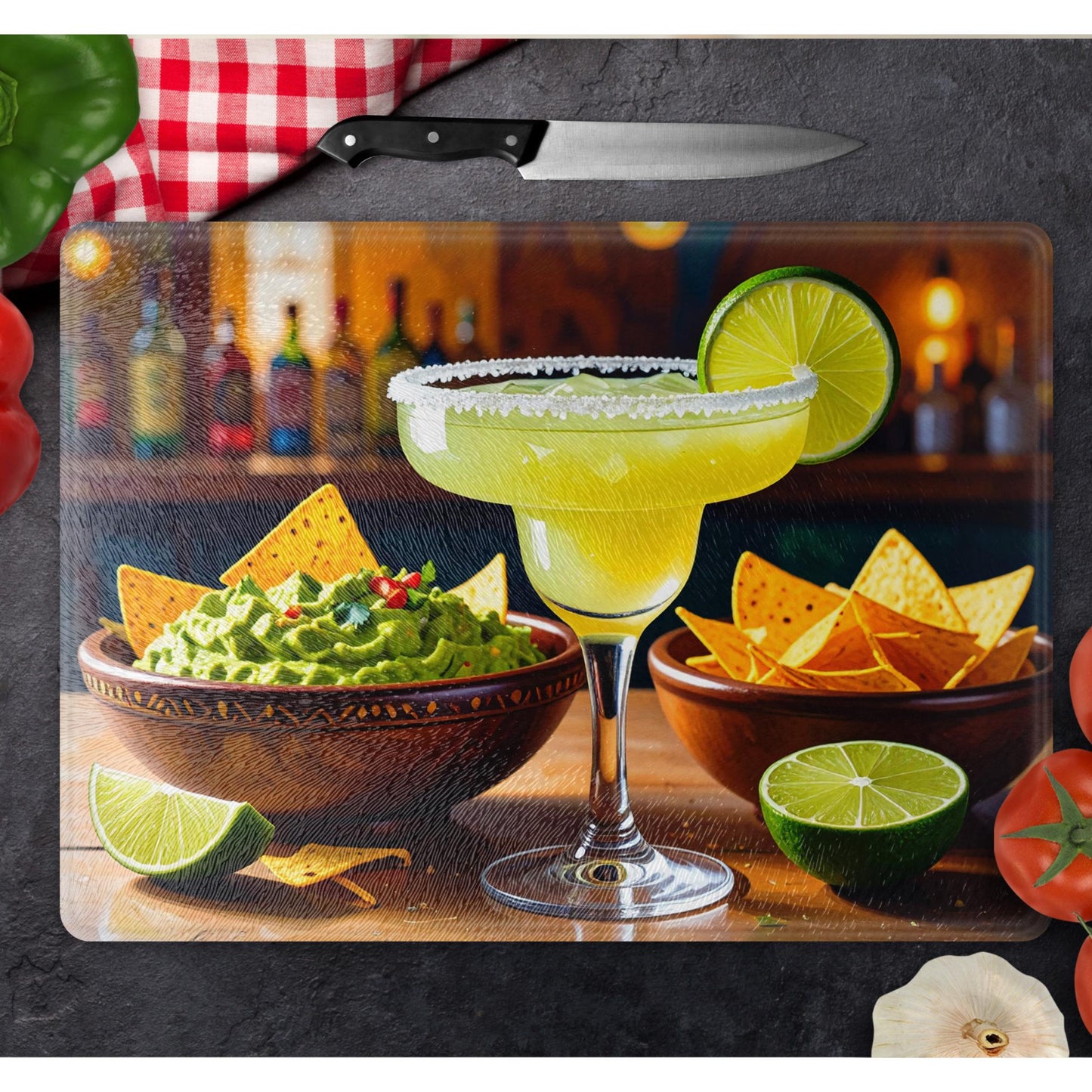 Cutting Board Home Decor Gift - Margarita with Guacamole and Chips Tempered Glass Chopping Board for Cheese & Charcuterie, Kitchen Art