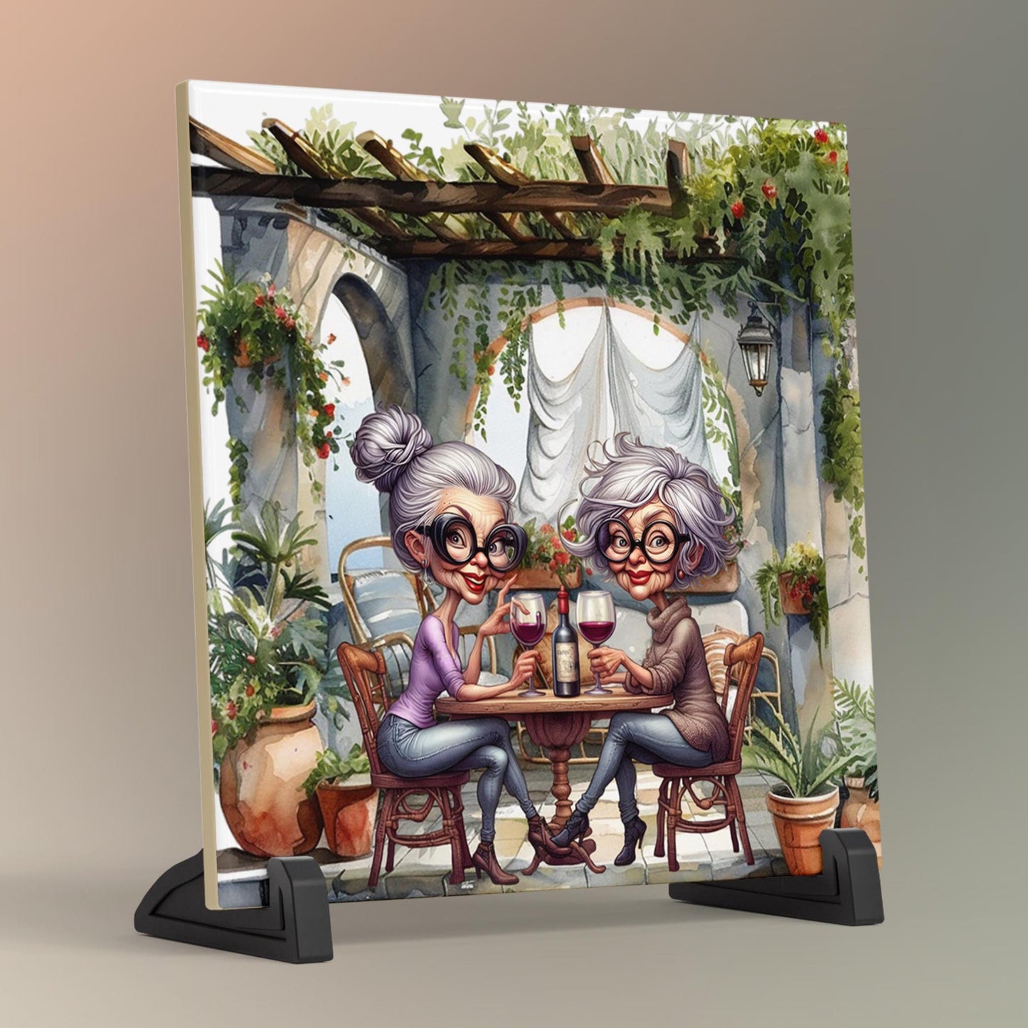 Quirky Girlfriends Ceramic Art Tile, Whimsical Women with Wine, Charming Kitchen Decor for Best Friend Gift