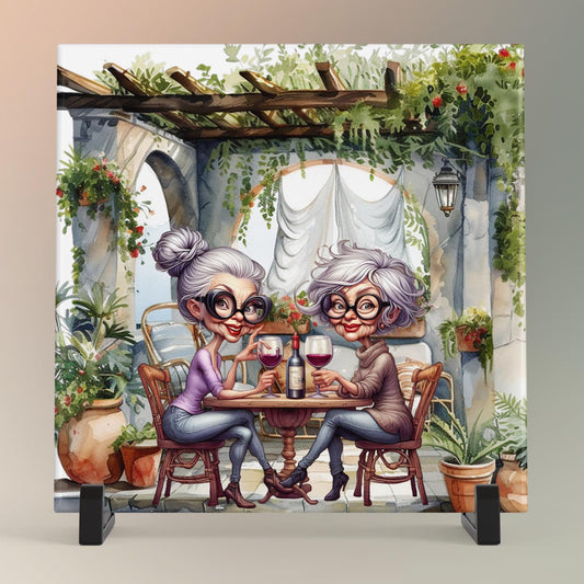 Quirky Girlfriends Ceramic Art Tile, Whimsical Women with Wine, Charming Kitchen Decor for Best Friend Gift