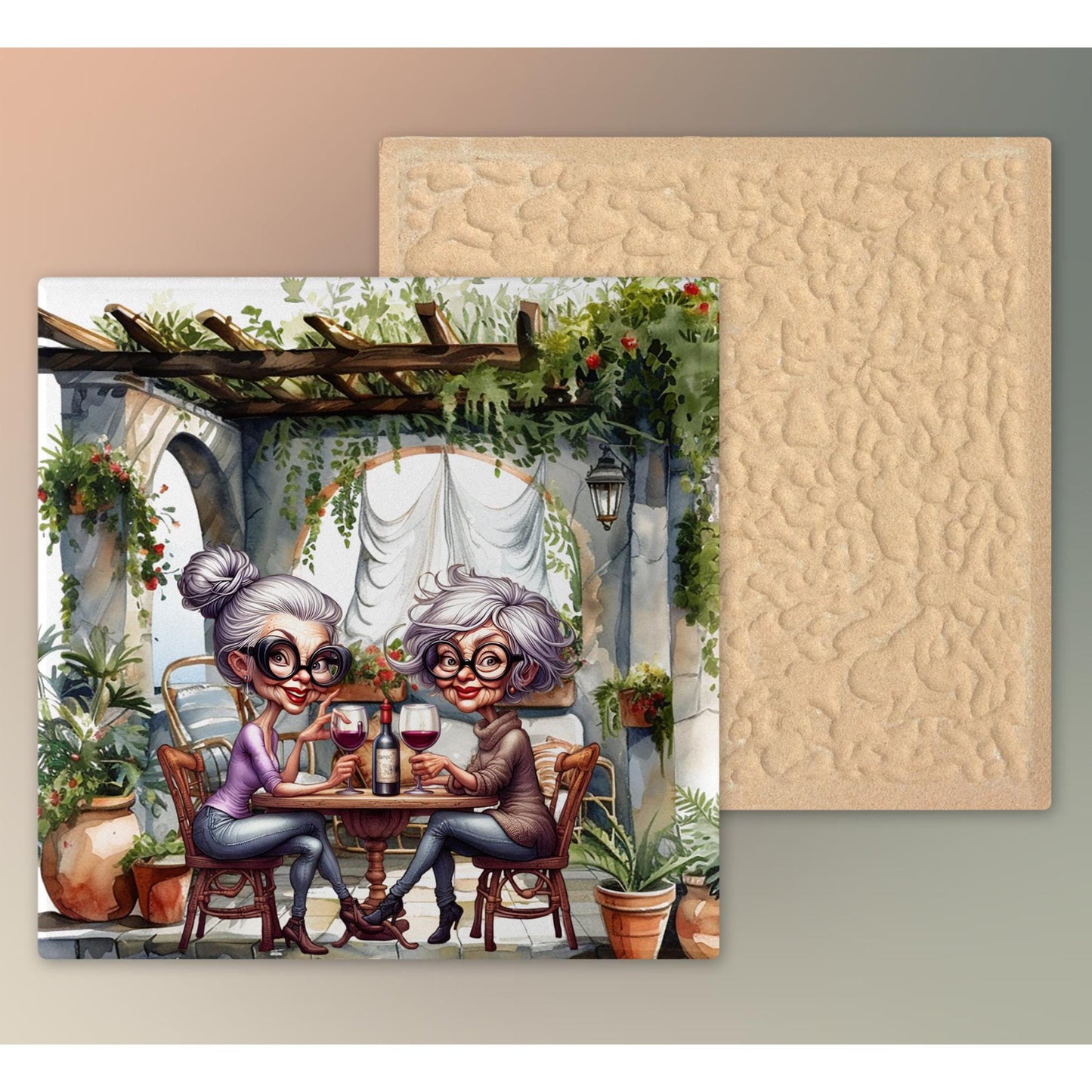 Quirky Girlfriends Ceramic Art Tile, Whimsical Women with Wine, Charming Kitchen Decor for Best Friend Gift
