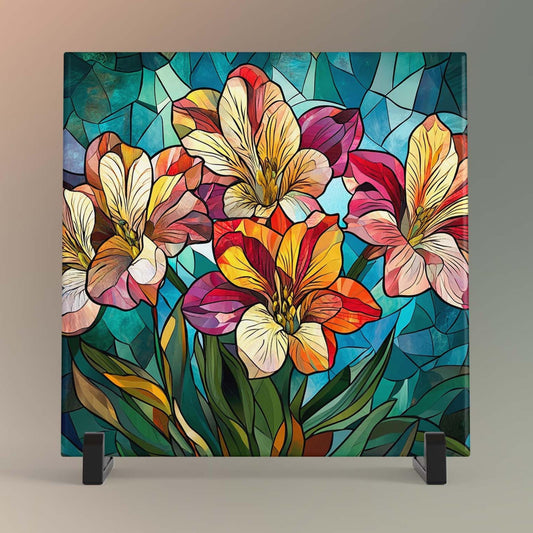 Colorful Flowers Ceramic Art Tile | Stained Glass-Inspired Wall Decor | Gallery Wall Art | Elegant Home Accent Gift for Mom