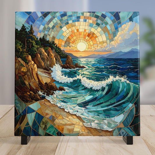 Coastal Waves Ceramic Wall Art Tile, Stained Glass Look Art, Beautiful Ocean View Tile for Artful Display and Home Decor for Small Spaces