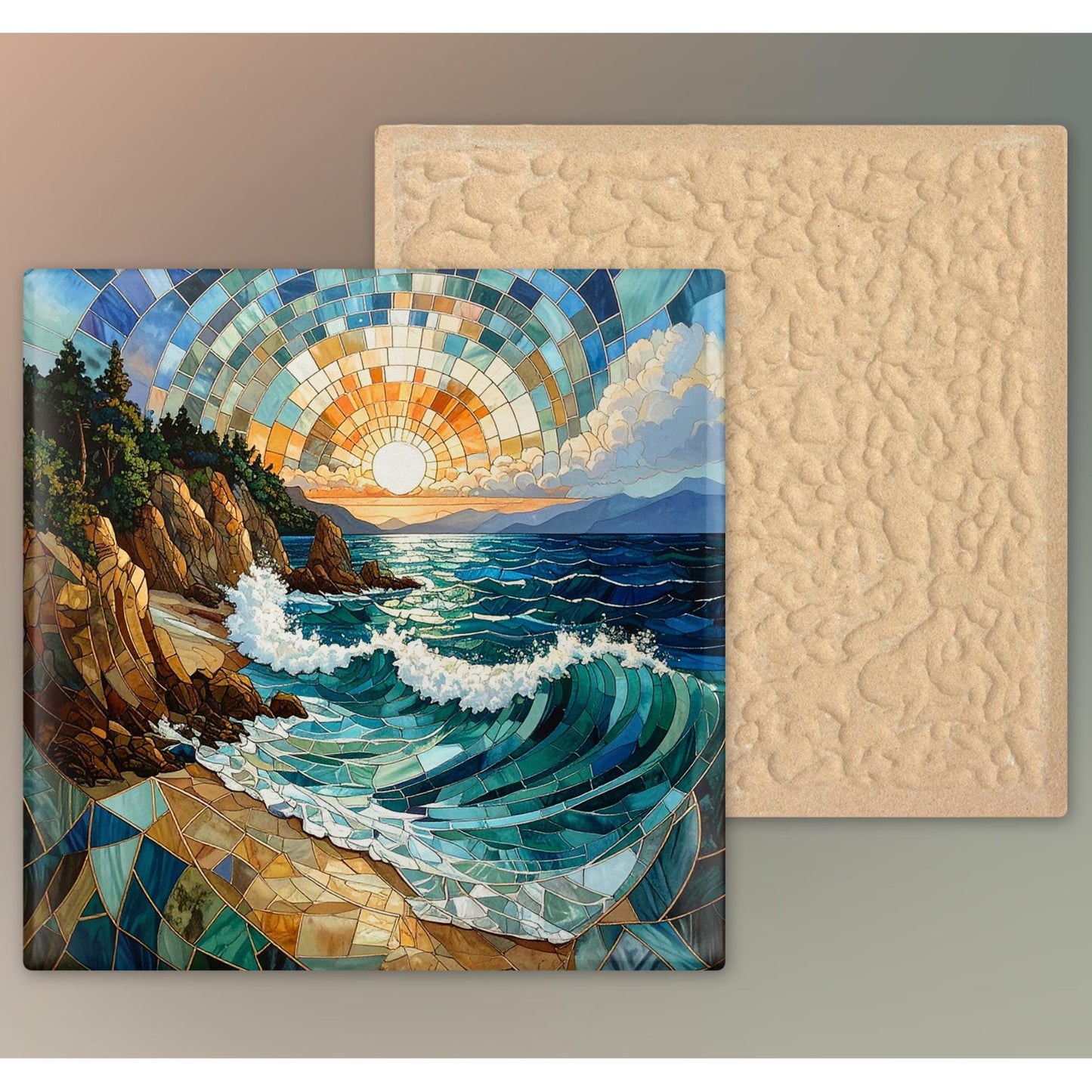 Coastal Waves Ceramic Wall Art Tile, Stained Glass Look Art, Beautiful Ocean View Tile for Artful Display and Home Decor for Small Spaces