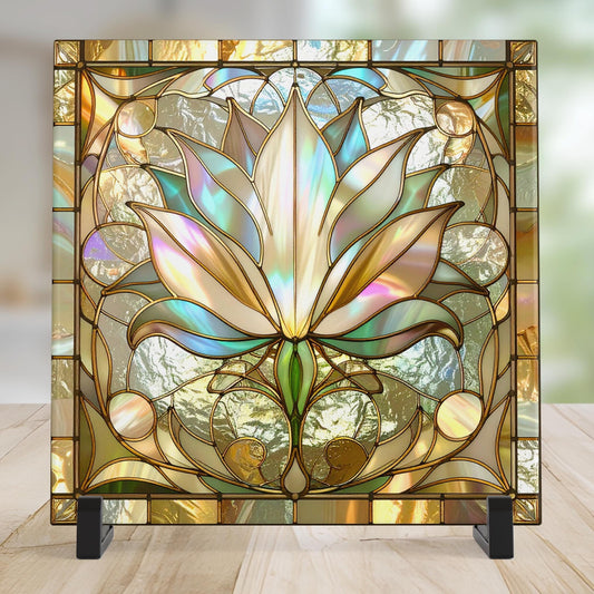 Lotus Flower Ceramic Tile Art - Stained Glass Look Elegant Flower Wall Decor for Yoga & Meditation, Spiritual Mindfulness Gift - Spa Gift