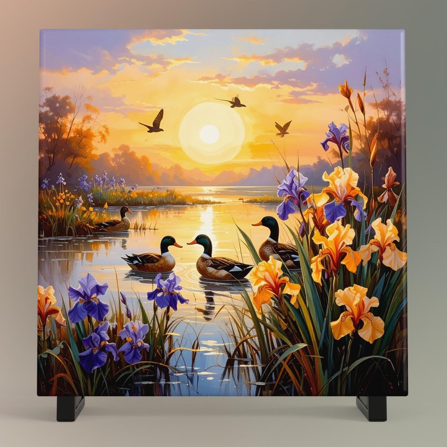 Blooming Irises Sunrise Art Tile - Vibrant Marsh Decor Featuring Ducks in Flight - Ideal for Nature Lovers - Unique Outdoorsy Gift