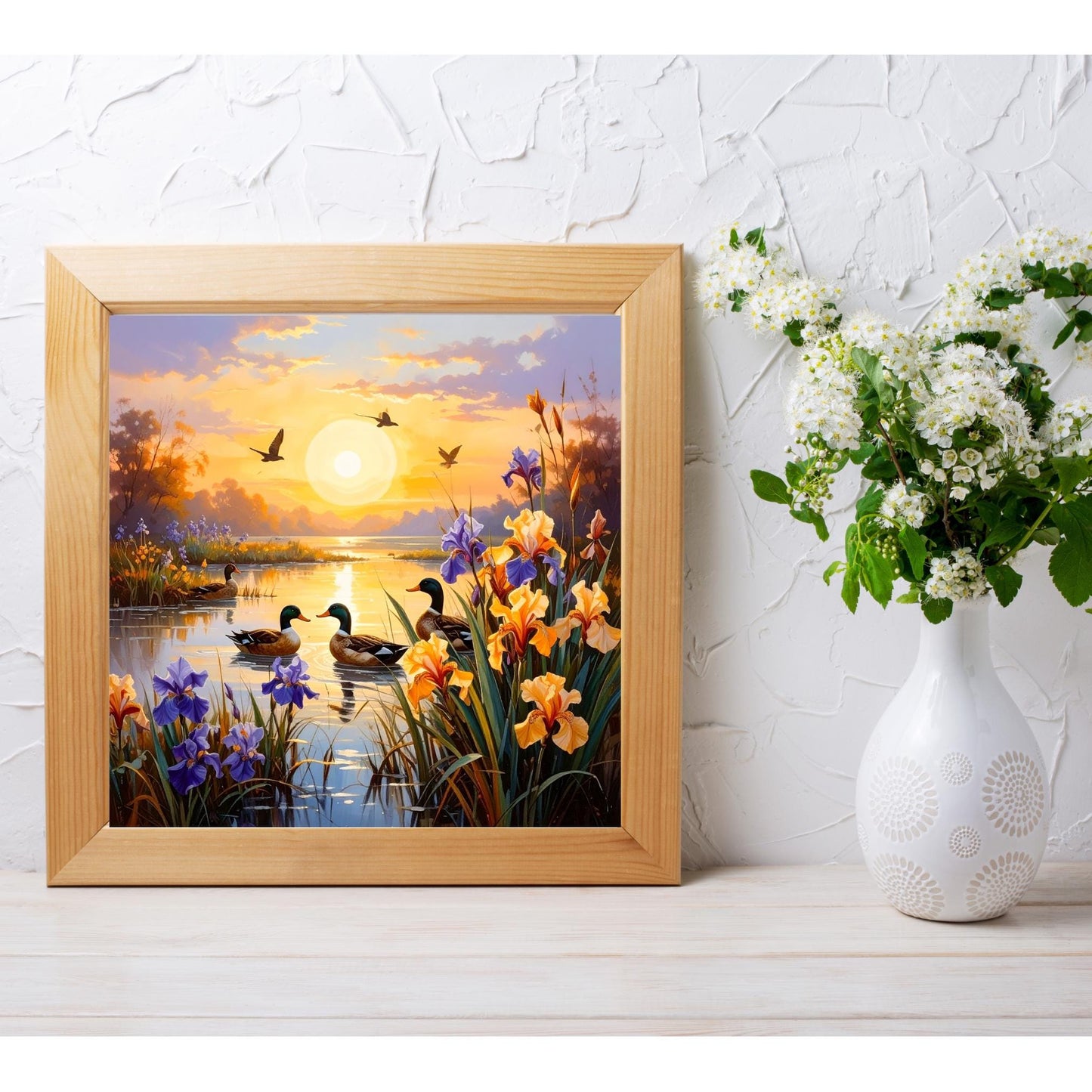 Blooming Irises Sunrise Art Tile - Vibrant Marsh Decor Featuring Ducks in Flight - Ideal for Nature Lovers - Unique Outdoorsy Gift