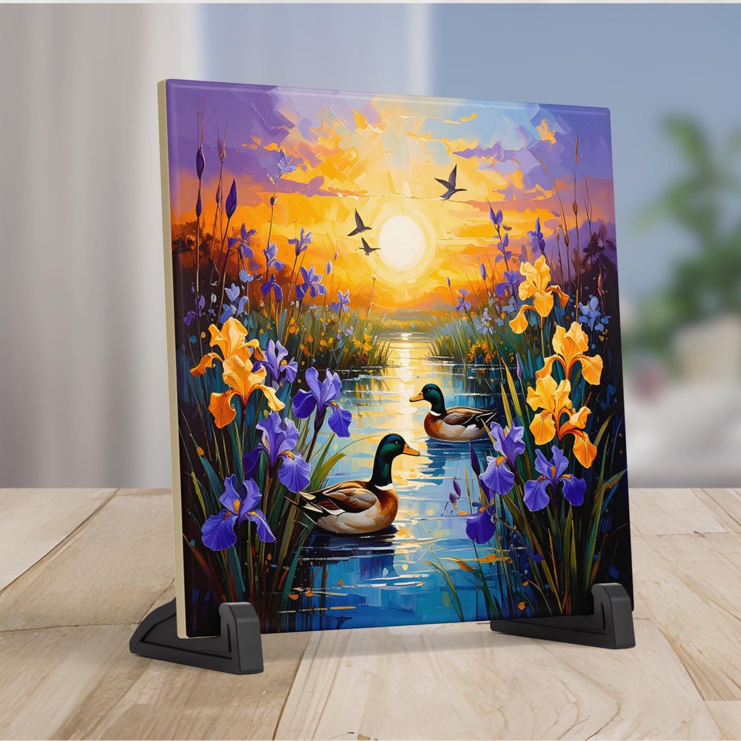 Blooming Irises Sunrise Art Tile II - Vibrant Marsh Decor Featuring Ducks in Flight - Ideal for Nature Lovers - Unique Outdoorsy Gift