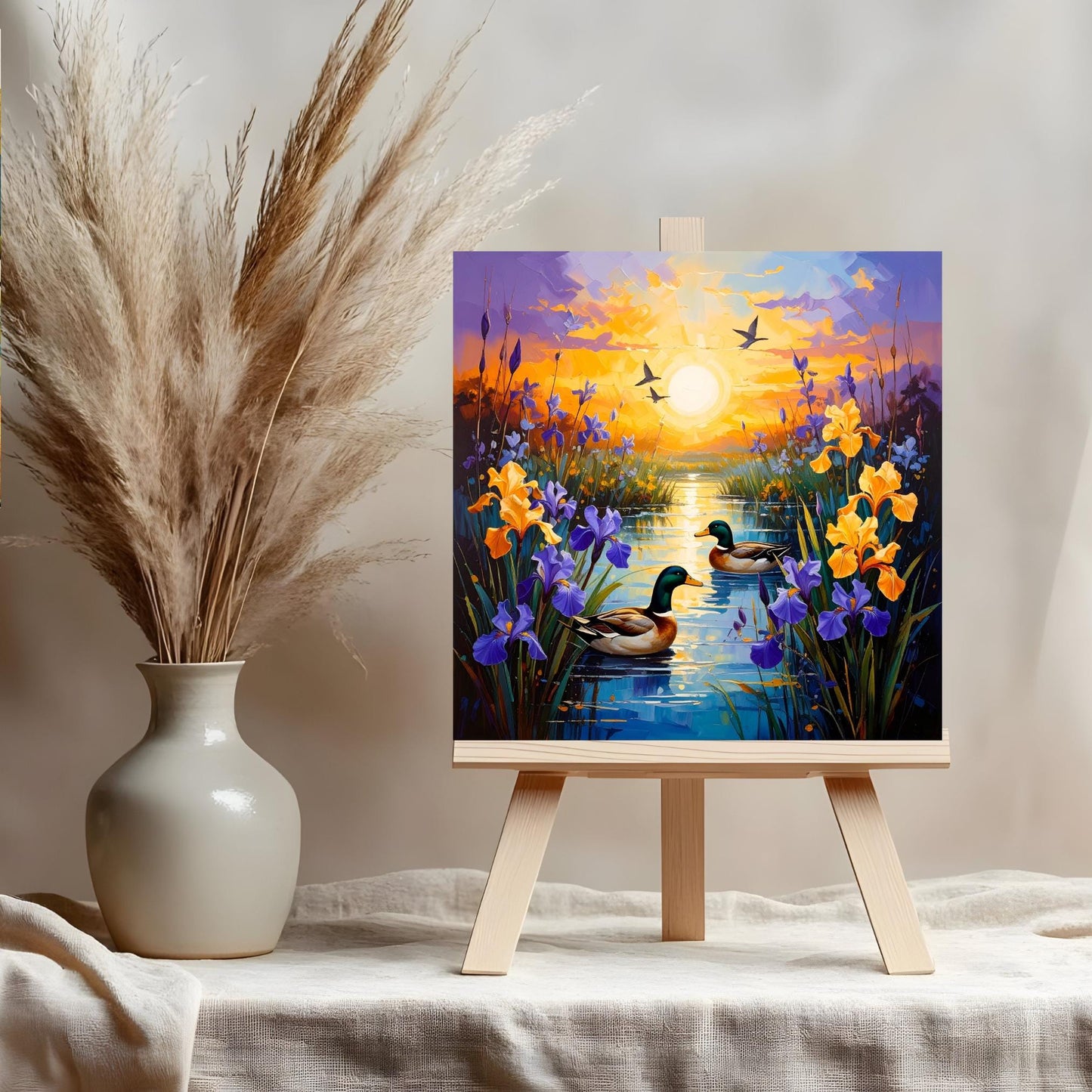 Blooming Irises Sunrise Art Tile II - Vibrant Marsh Decor Featuring Ducks in Flight - Ideal for Nature Lovers - Unique Outdoorsy Gift