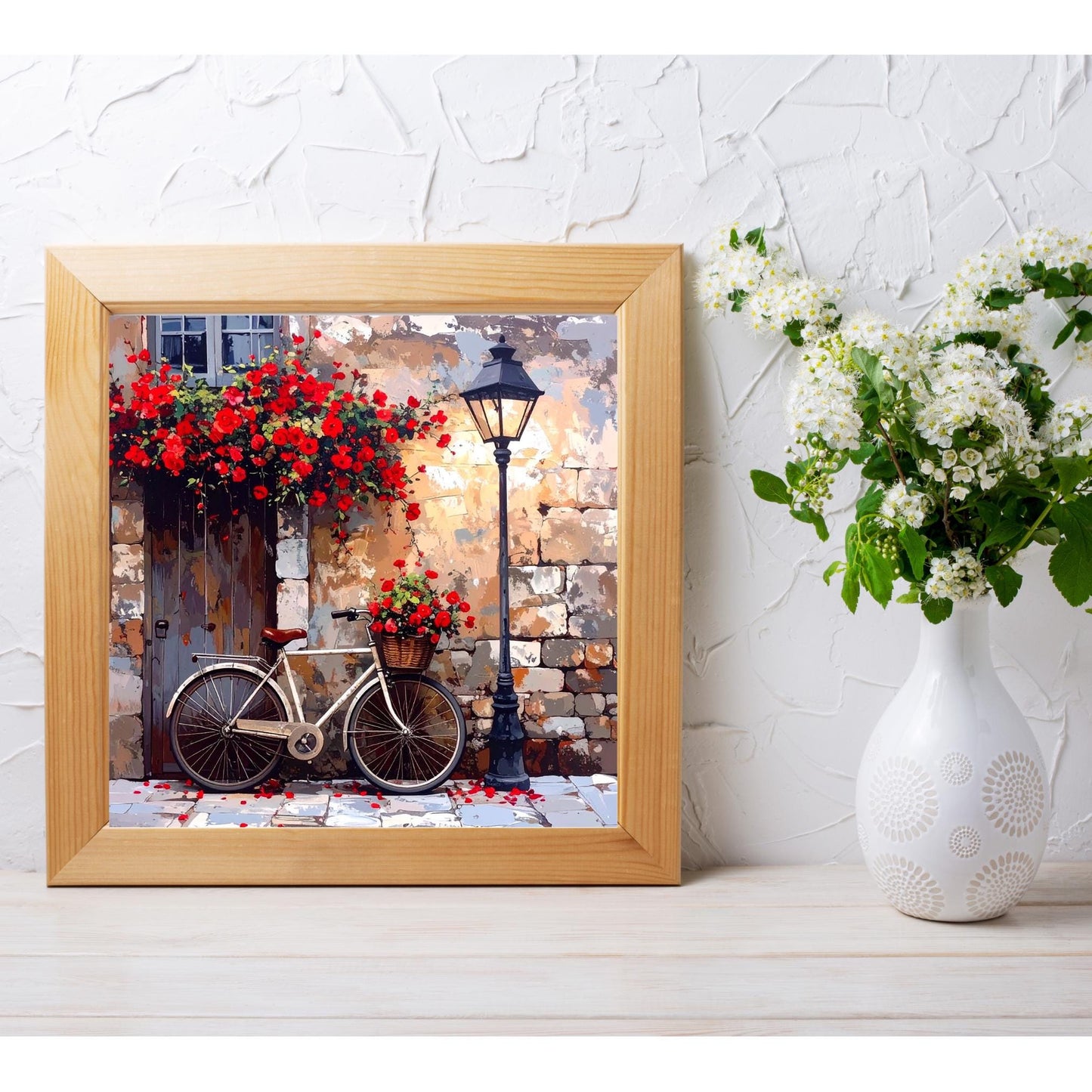 Rustic Bicycle Ceramic Art Tile - Charming Village Design with Bright Flowers - Unique Wall Decor - Great Gift for Cyclists