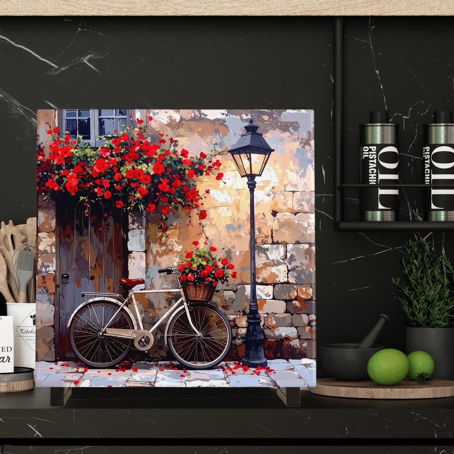 Rustic Bicycle Ceramic Art Tile - Charming Village Design with Bright Flowers - Unique Wall Decor - Great Gift for Cyclists