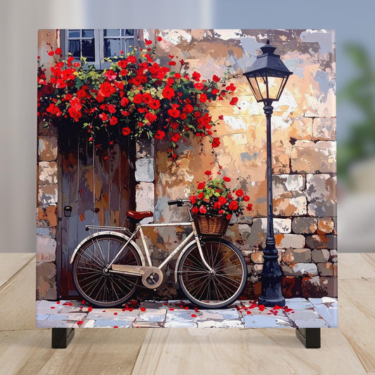 Rustic Bicycle Ceramic Art Tile - Charming Village Design with Bright Flowers - Unique Wall Decor - Great Gift for Cyclists