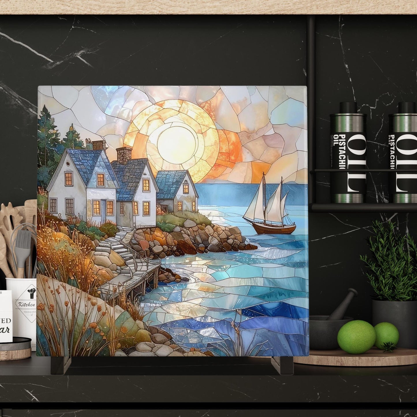 Coastal Living Ceramic Wall Art Tile, Stained Glass Look Art, Beautiful Ocean View Tile for Artful Display and Home Decor for Small Spaces