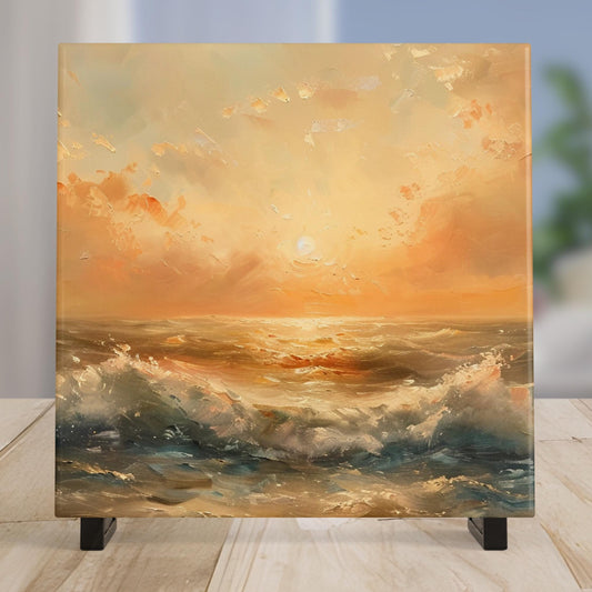 Abstract Art Ceramic Tile, Beautiful Ocean View Sunset, Artful Display and Home Decor for Small Spaces