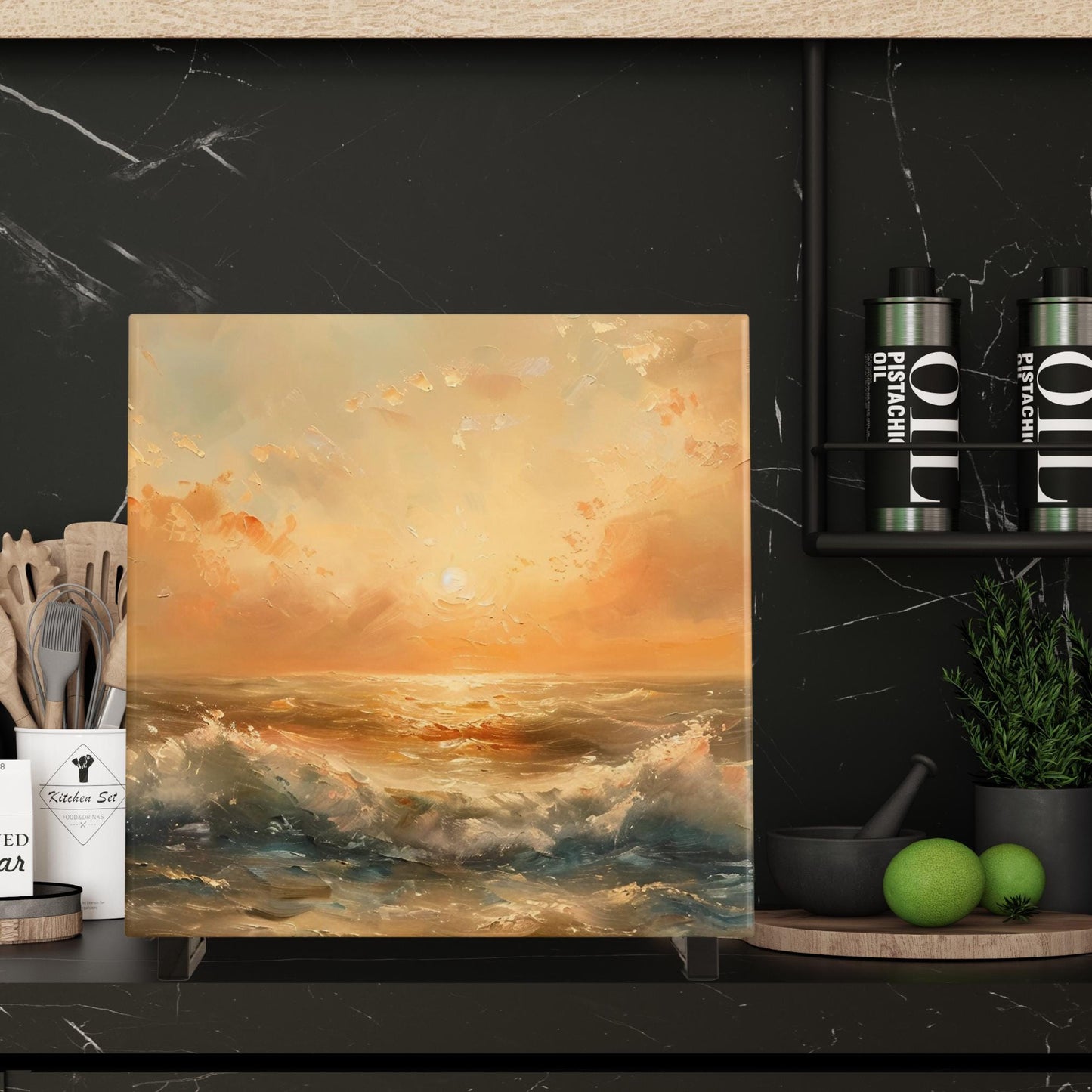 Abstract Art Ceramic Tile, Beautiful Ocean View Sunset, Artful Display and Home Decor for Small Spaces