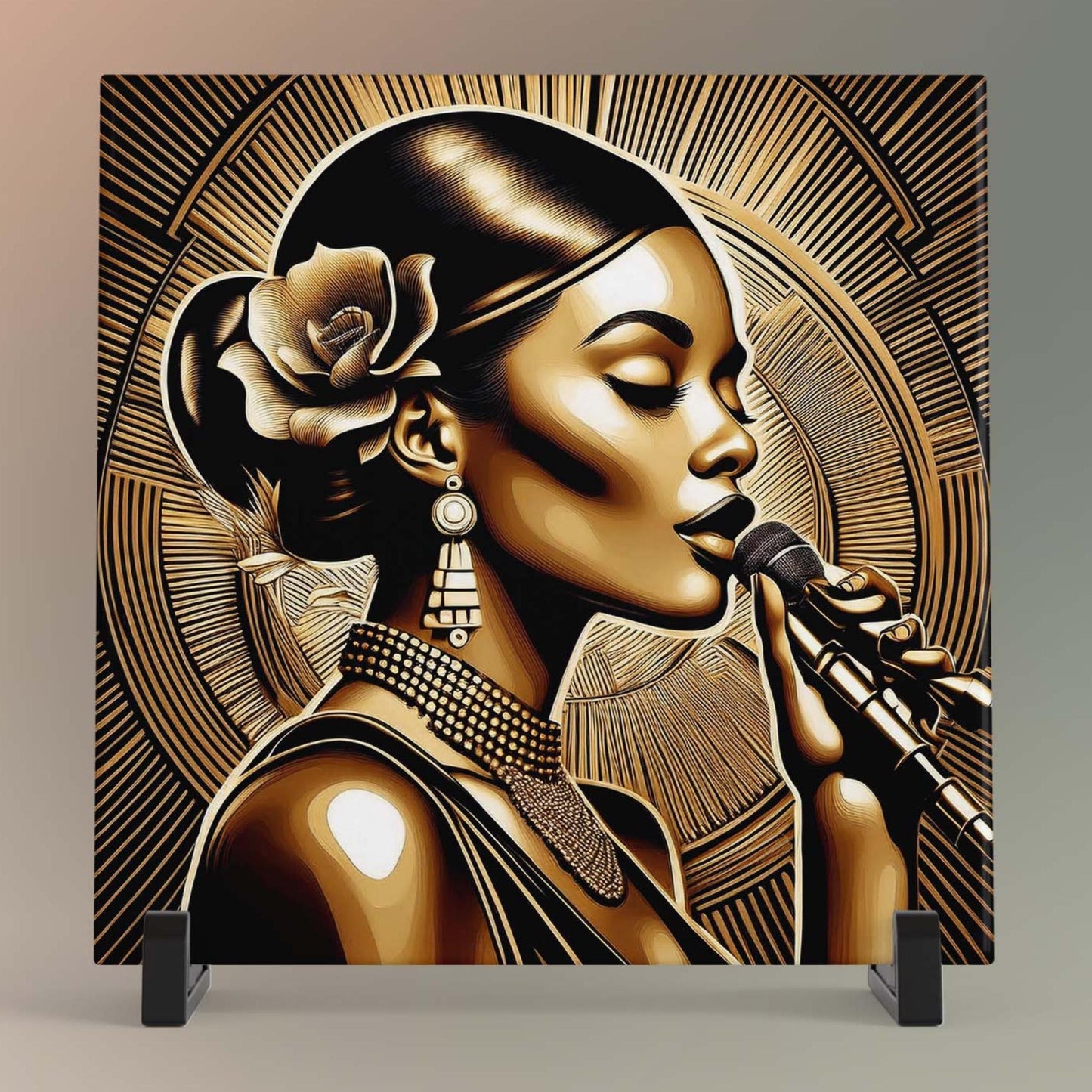 Black Woman Art Ceramic Tile -  Art Nouveau Sultry Jazz Singer - Art Deco  Stunning Black and Gold Decorative Wall Hanging - Black Art