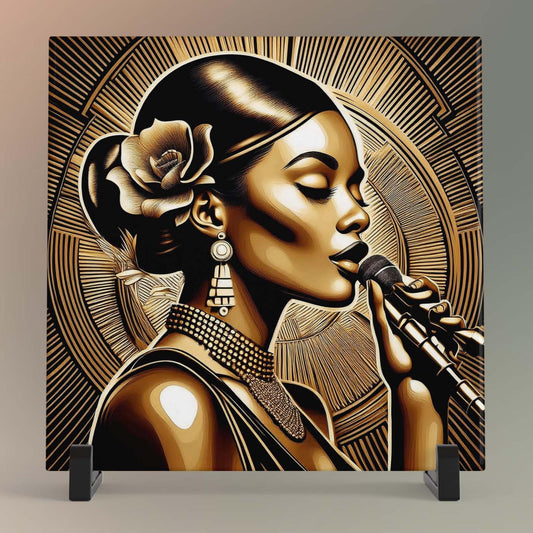 Black Woman Art Ceramic Tile -  Art Nouveau Sultry Jazz Singer - Art Deco  Stunning Black and Gold Decorative Wall Hanging - Black Art