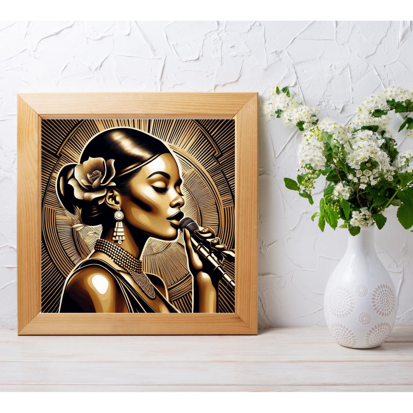 Black Woman Art Ceramic Tile -  Art Nouveau Sultry Jazz Singer - Art Deco  Stunning Black and Gold Decorative Wall Hanging - Black Art
