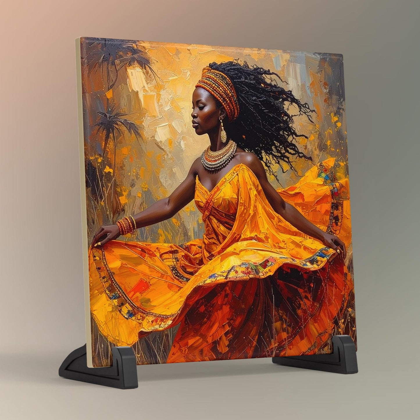 Black Woman with Flowers Ceramic Tile,  Trendy Wall Art Black Girl Art, Black Woman Wall Art, Black Girl Poster Art, African American Art