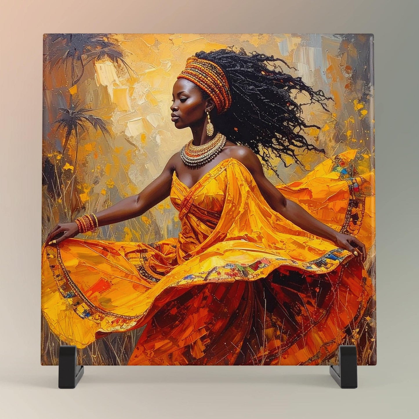 Black Woman with Flowers Ceramic Tile,  Trendy Wall Art Black Girl Art, Black Woman Wall Art, Black Girl Poster Art, African American Art