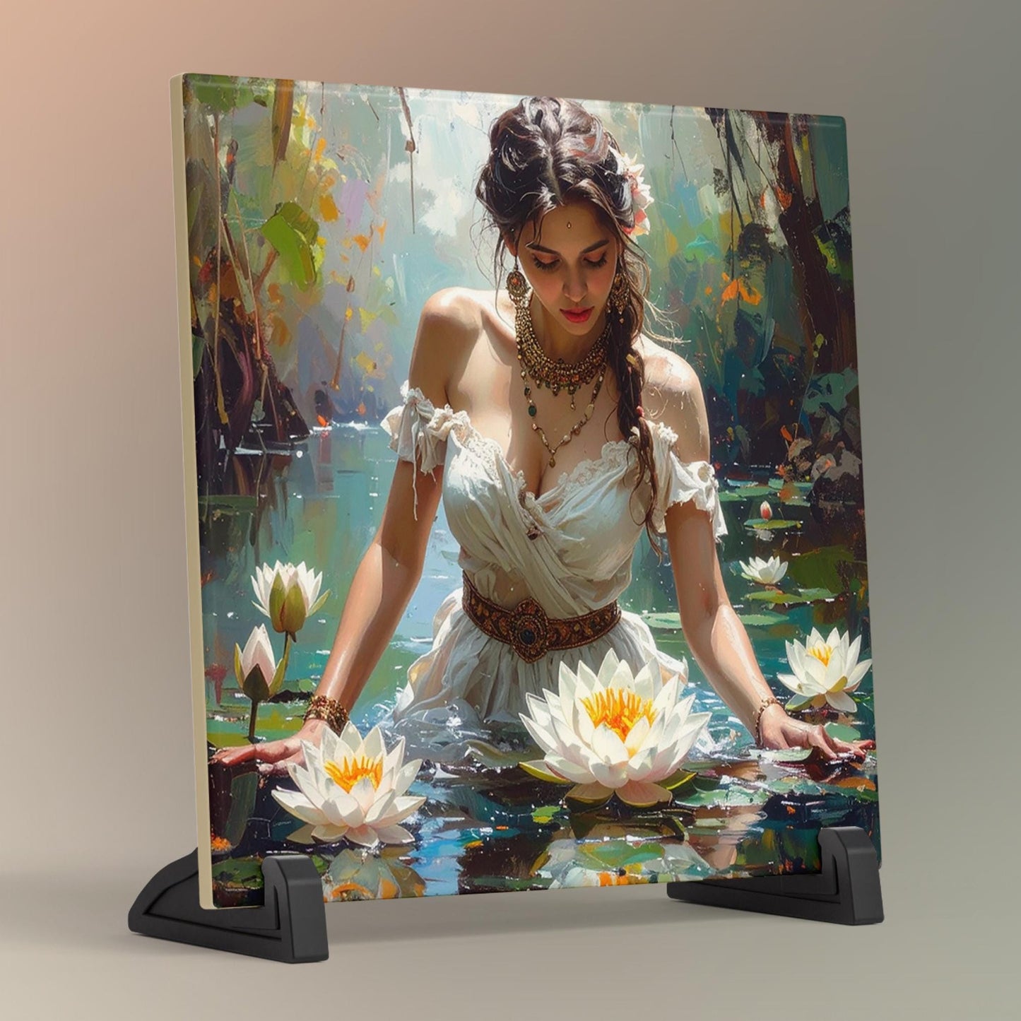 Beautiful Woman with Lotus Flowers Ceramic Tile Art, Bohemian Decor for Home, Unique Gift for Art Lovers - 3 Styles