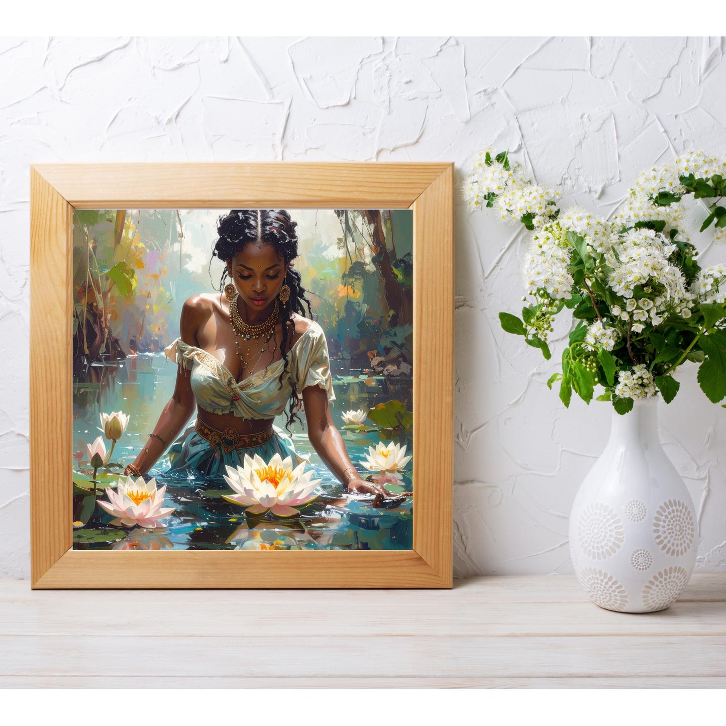 Beautiful Black Woman with Lotus Flowers Ceramic Tile Art, Mediation Art, Bohemian Decor for Home, Unique Spa Gift for Art Lovers - 3 Styles