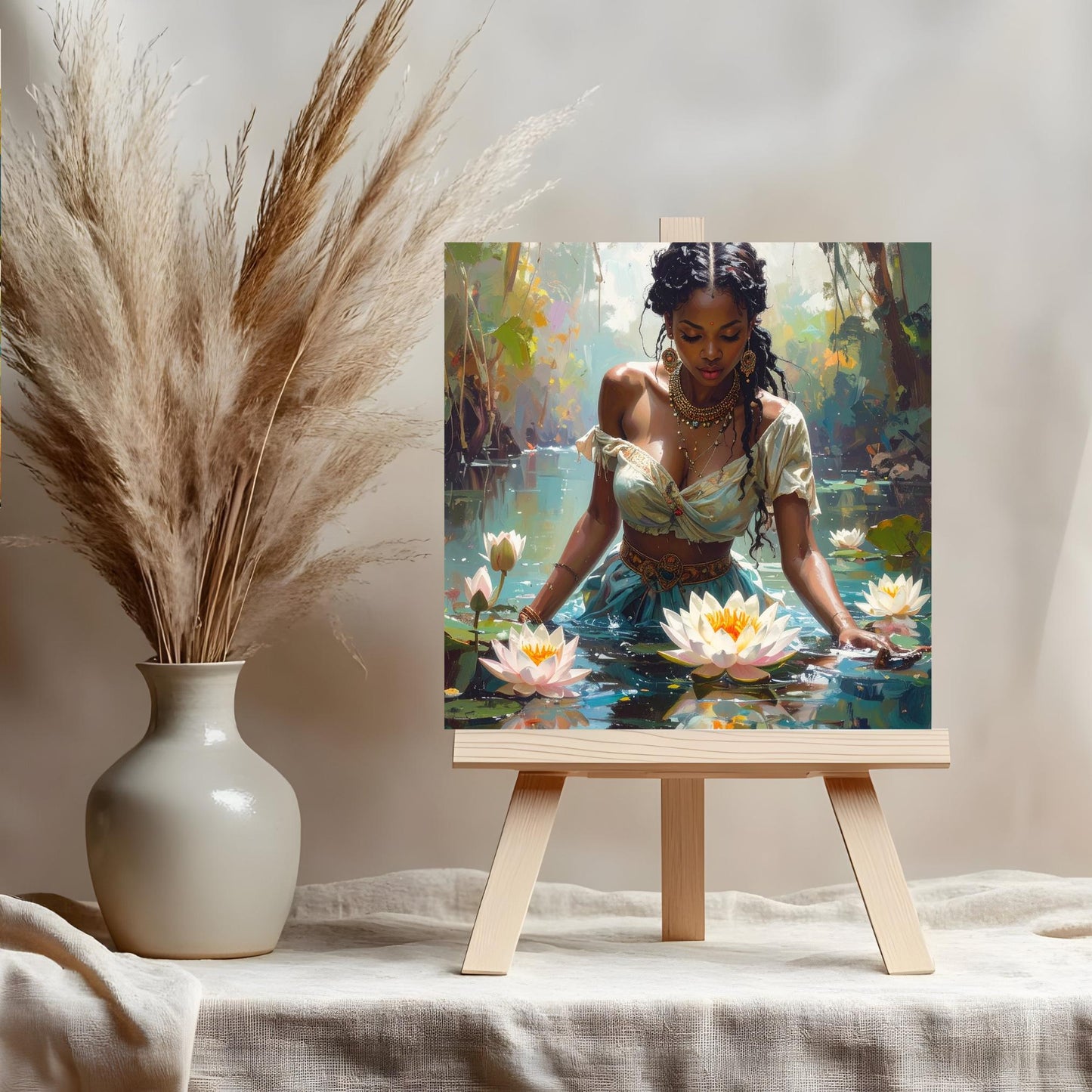 Beautiful Black Woman with Lotus Flowers Ceramic Tile Art, Mediation Art, Bohemian Decor for Home, Unique Spa Gift for Art Lovers - 3 Styles