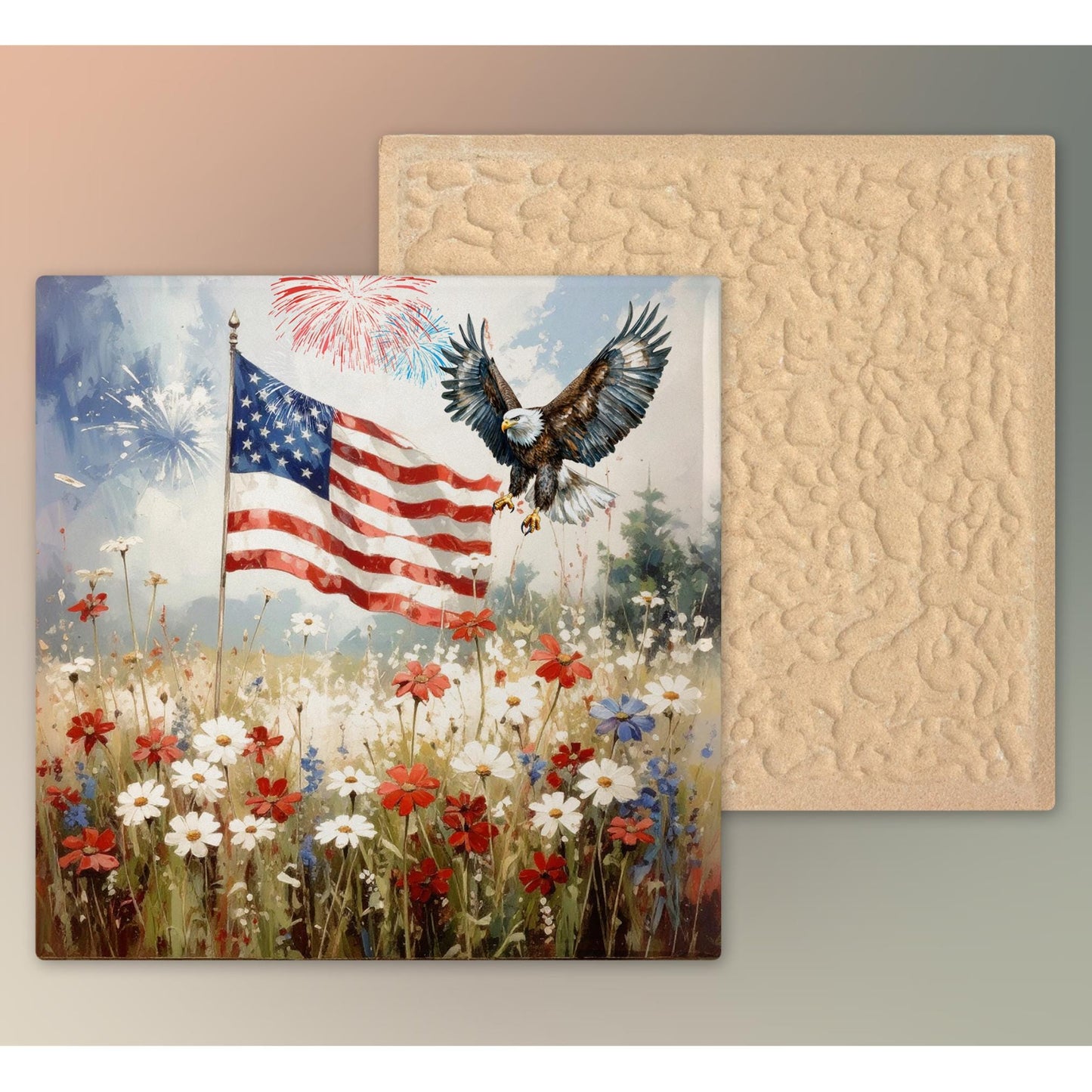 Patriotic American Flag Ceramic Tile Art, Wild Flower Eagle Design for 4th of July Home Decor and Great Gifts