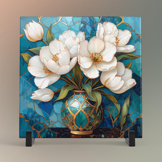 Magnolia Flowers Ceramic Tile Art - Art Deco Styled Stained Glass Look Elegant Flower Wall Decor - White Floral Home Decor
