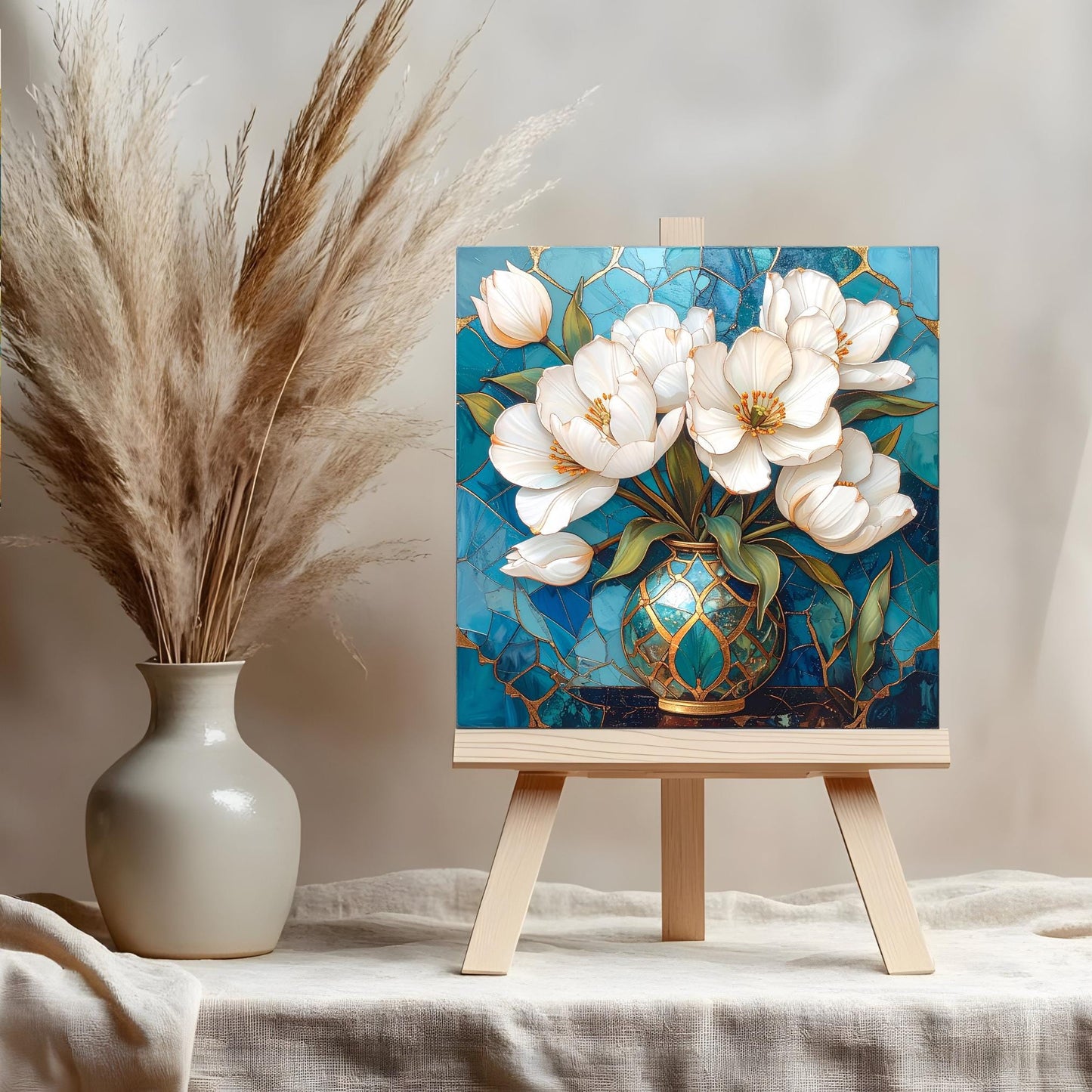 Magnolia Flowers Ceramic Tile Art - Art Deco Styled Stained Glass Look Elegant Flower Wall Decor - White Floral Home Decor