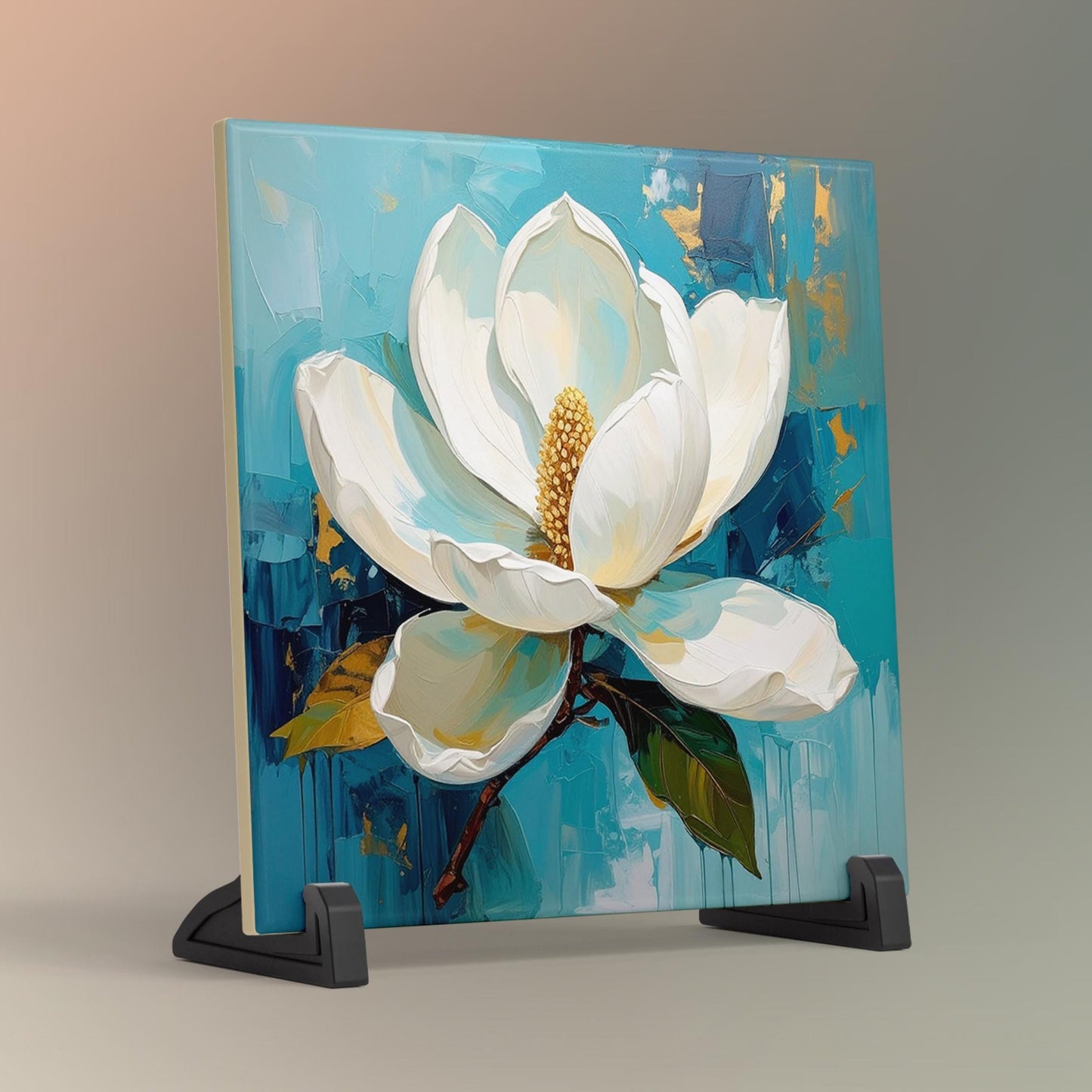 Magnolia Flower Ceramic Tile Art - Abstract Floral Art - Elegant Flower Wall Decor - White Floral Home Decor Art for Small Spaces