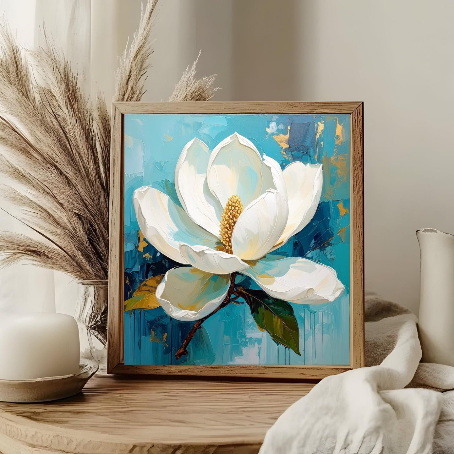 Magnolia Flower Ceramic Tile Art - Abstract Floral Art - Elegant Flower Wall Decor - White Floral Home Decor Art for Small Spaces