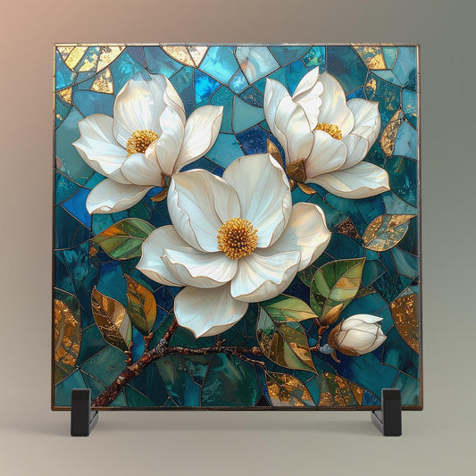 Magnolia Flowers Ceramic Tile Art - Art Deco Styled Stained Glass Look Elegant Flower Wall Decor - White Floral Home Decor - v2