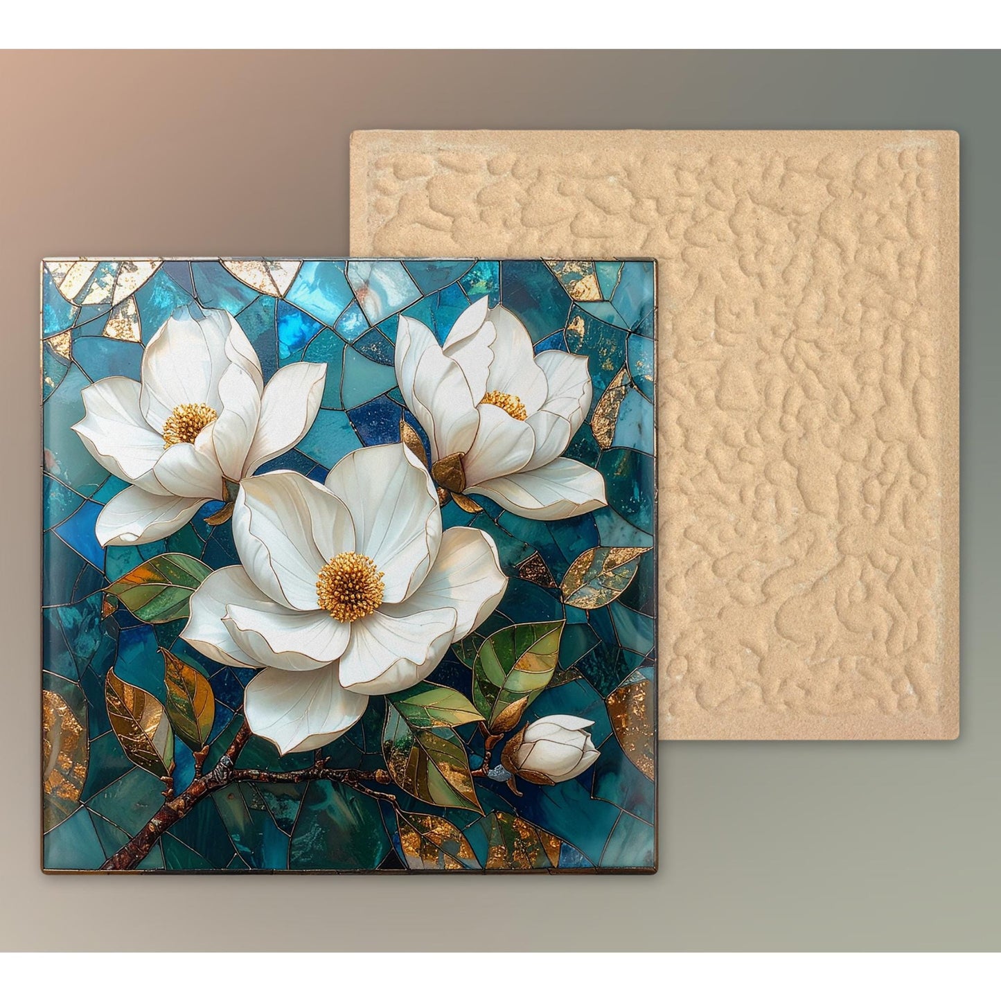 Magnolia Flowers Ceramic Tile Art - Art Deco Styled Stained Glass Look Elegant Flower Wall Decor - White Floral Home Decor - v2