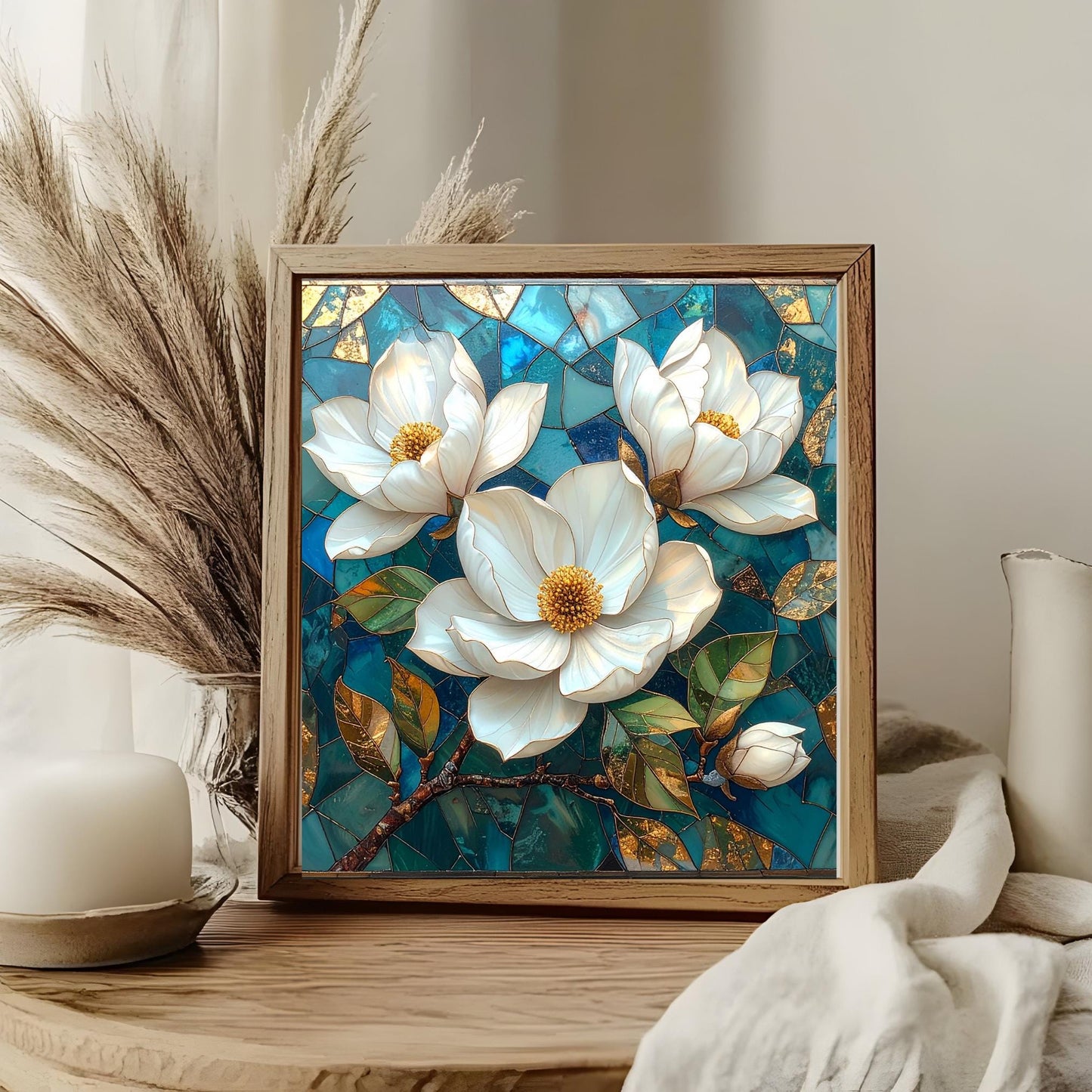 Magnolia Flowers Ceramic Tile Art - Art Deco Styled Stained Glass Look Elegant Flower Wall Decor - White Floral Home Decor - v2
