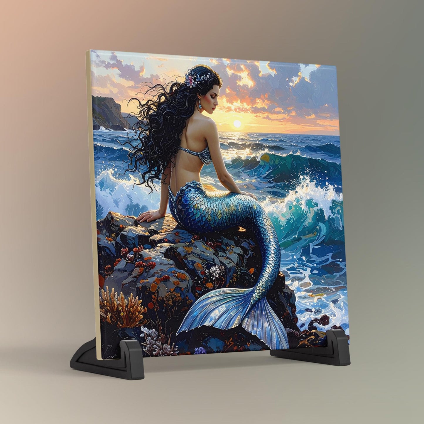 Beautiful Mermaid Ceramic Art Tile, Exotic Coastal Wall Decor for Small Spaces, Unique Sea Creatures Art Gift for Ocean Lovers