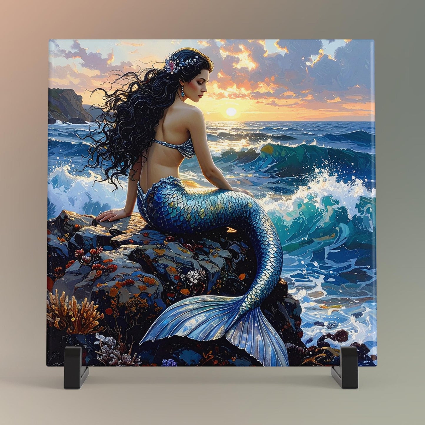 Beautiful Mermaid Ceramic Art Tile, Exotic Coastal Wall Decor for Small Spaces, Unique Sea Creatures Art Gift for Ocean Lovers