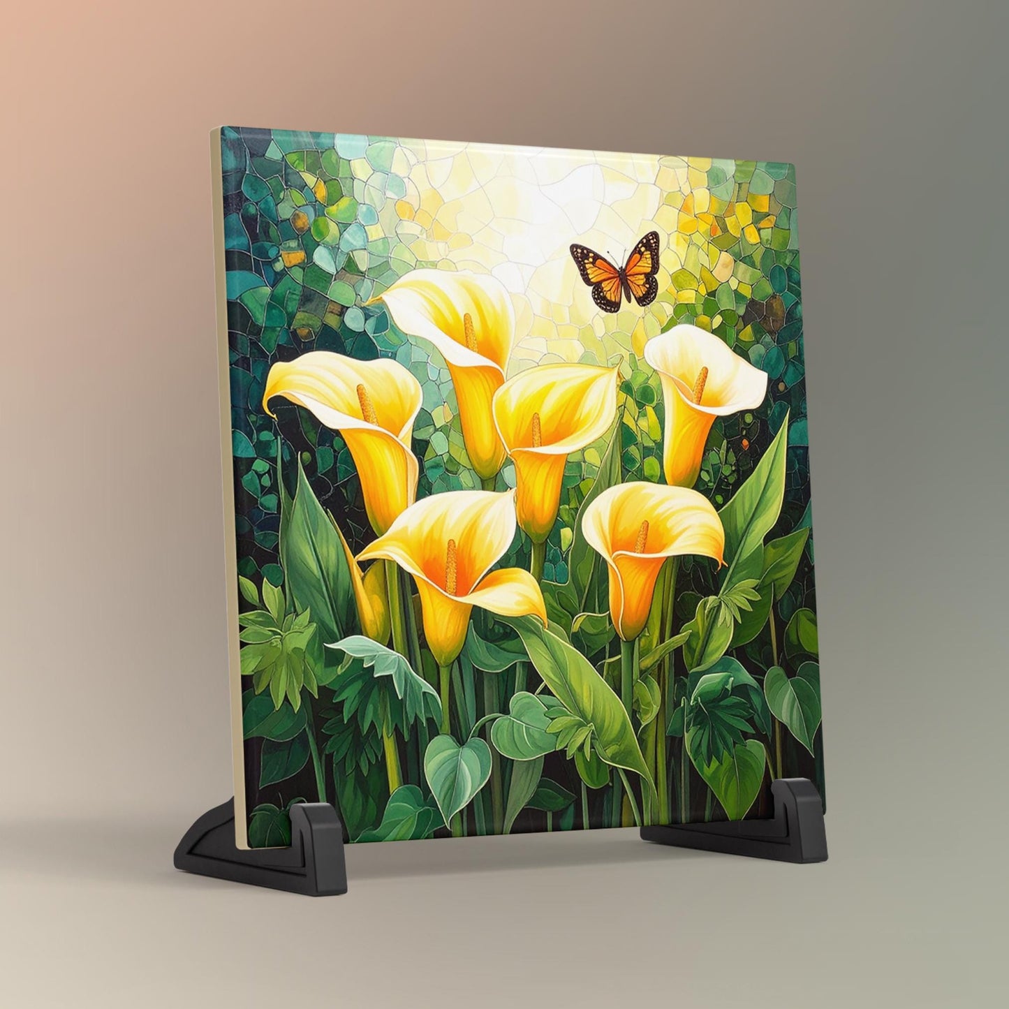 Cala Lillies and Butterflies Ceramic Tile, Custom Wall Art for Spring Summer Decor, Whimsical Floral Art, Ideal Gift for Nature Lovers