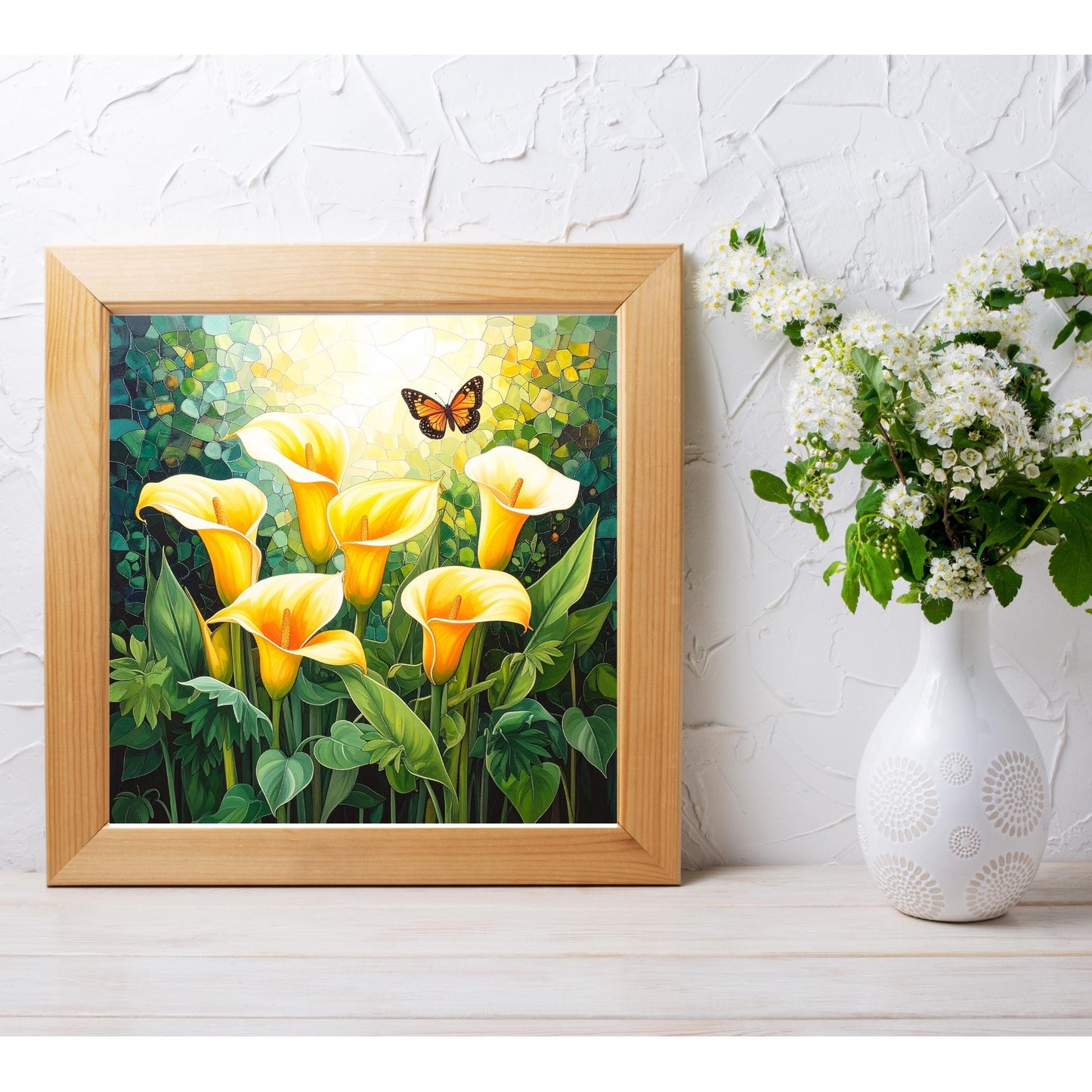 Cala Lillies and Butterflies Ceramic Tile, Custom Wall Art for Spring Summer Decor, Whimsical Floral Art, Ideal Gift for Nature Lovers