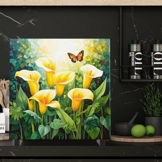 Cala Lillies and Butterflies Ceramic Tile, Custom Wall Art for Spring Summer Decor, Whimsical Floral Art, Ideal Gift for Nature Lovers