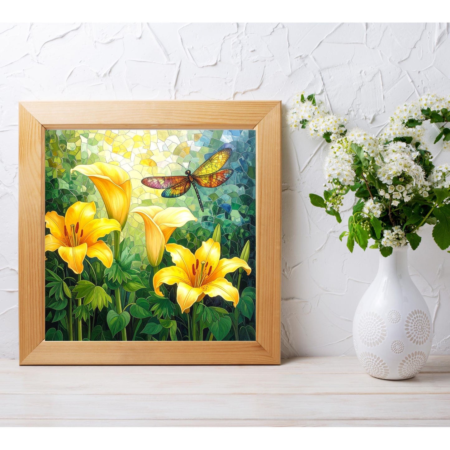 Cala Lillies and Dragonfly Ceramic Tile, Custom Wall Art for Spring Summer Decor, Whimsical Floral Art, Ideal Gift for Nature Lovers