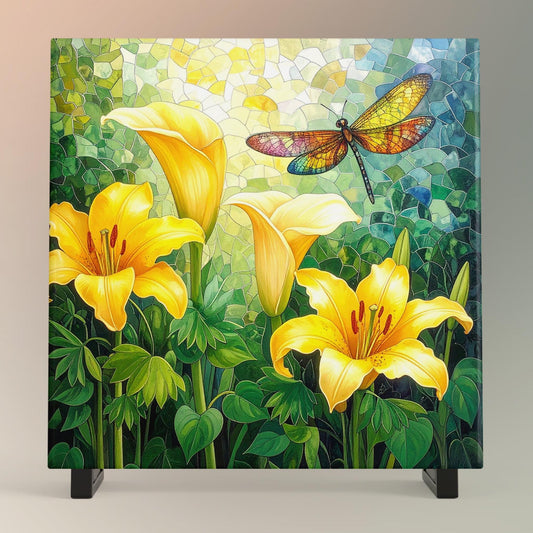 Cala Lillies and Dragonfly Ceramic Tile, Custom Wall Art for Spring Summer Decor, Whimsical Floral Art, Ideal Gift for Nature Lovers