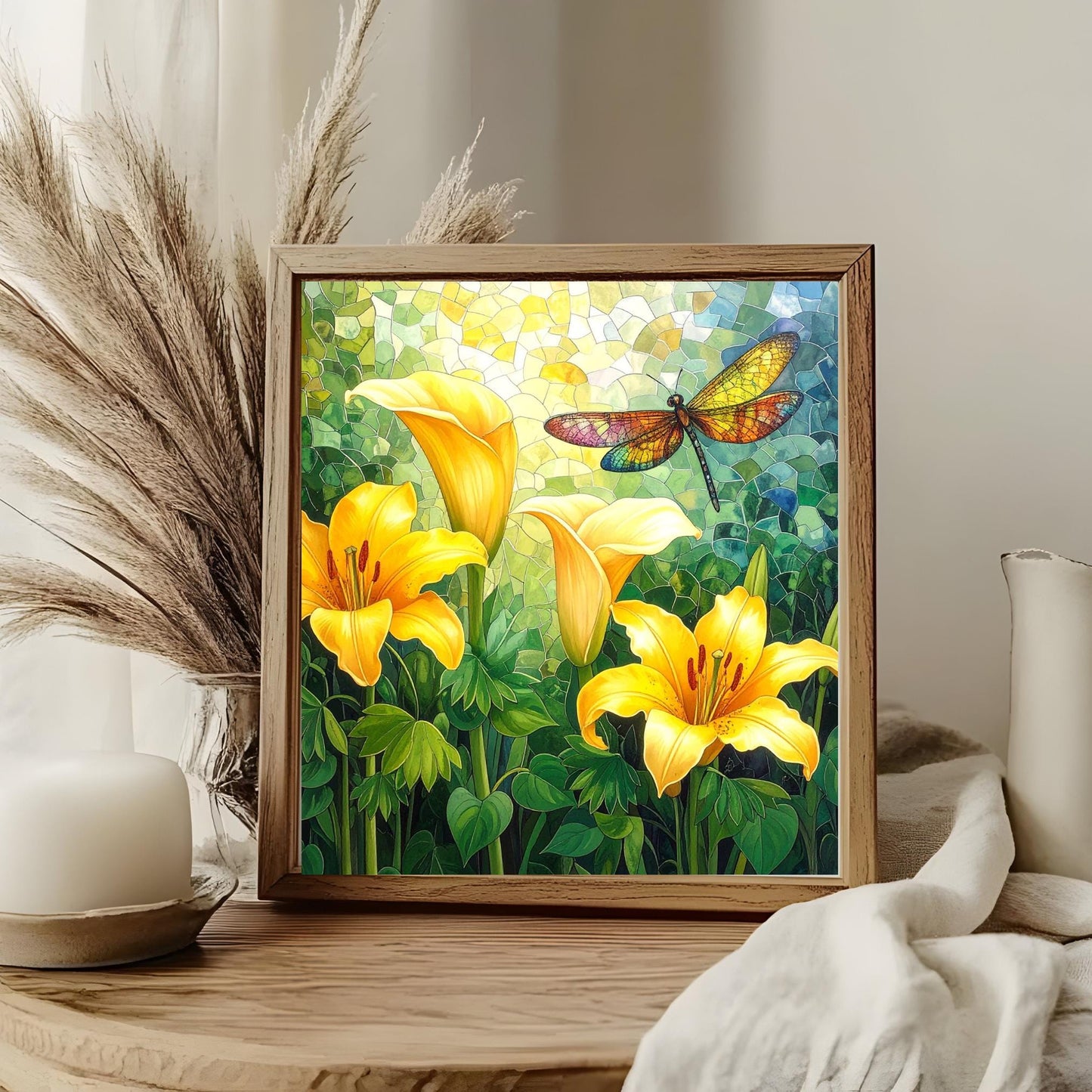 Cala Lillies and Dragonfly Ceramic Tile, Custom Wall Art for Spring Summer Decor, Whimsical Floral Art, Ideal Gift for Nature Lovers
