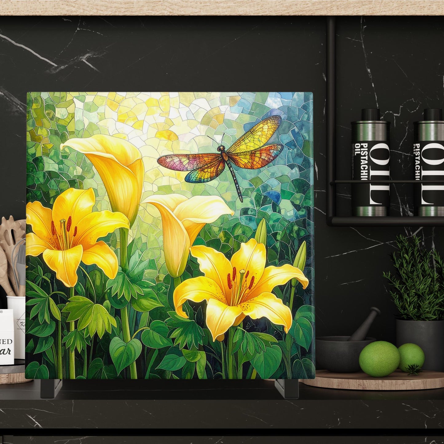 Cala Lillies and Dragonfly Ceramic Tile, Custom Wall Art for Spring Summer Decor, Whimsical Floral Art, Ideal Gift for Nature Lovers