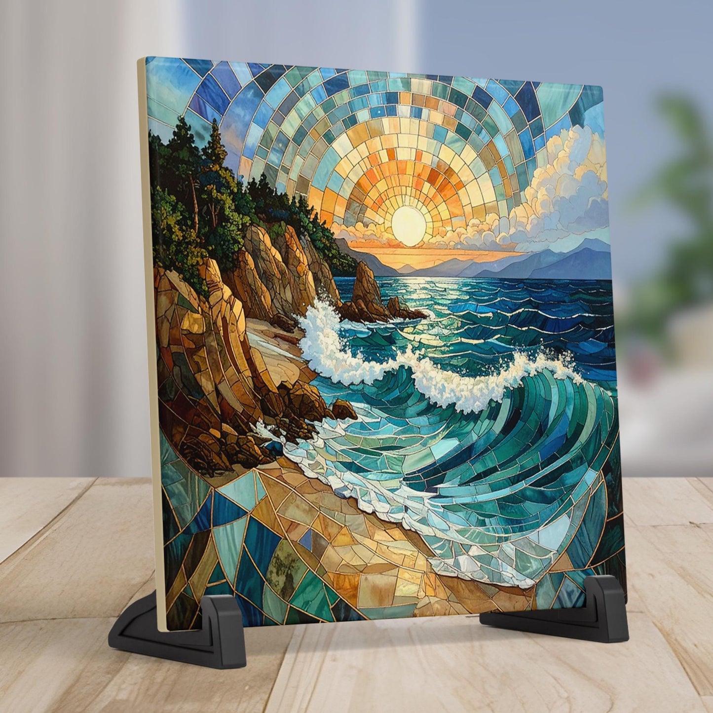 Coastal Waves Ceramic Wall Art Tile, Stained Glass Look Art, Beautiful Ocean View Tile for Artful Display and Home Decor for Small Spaces
