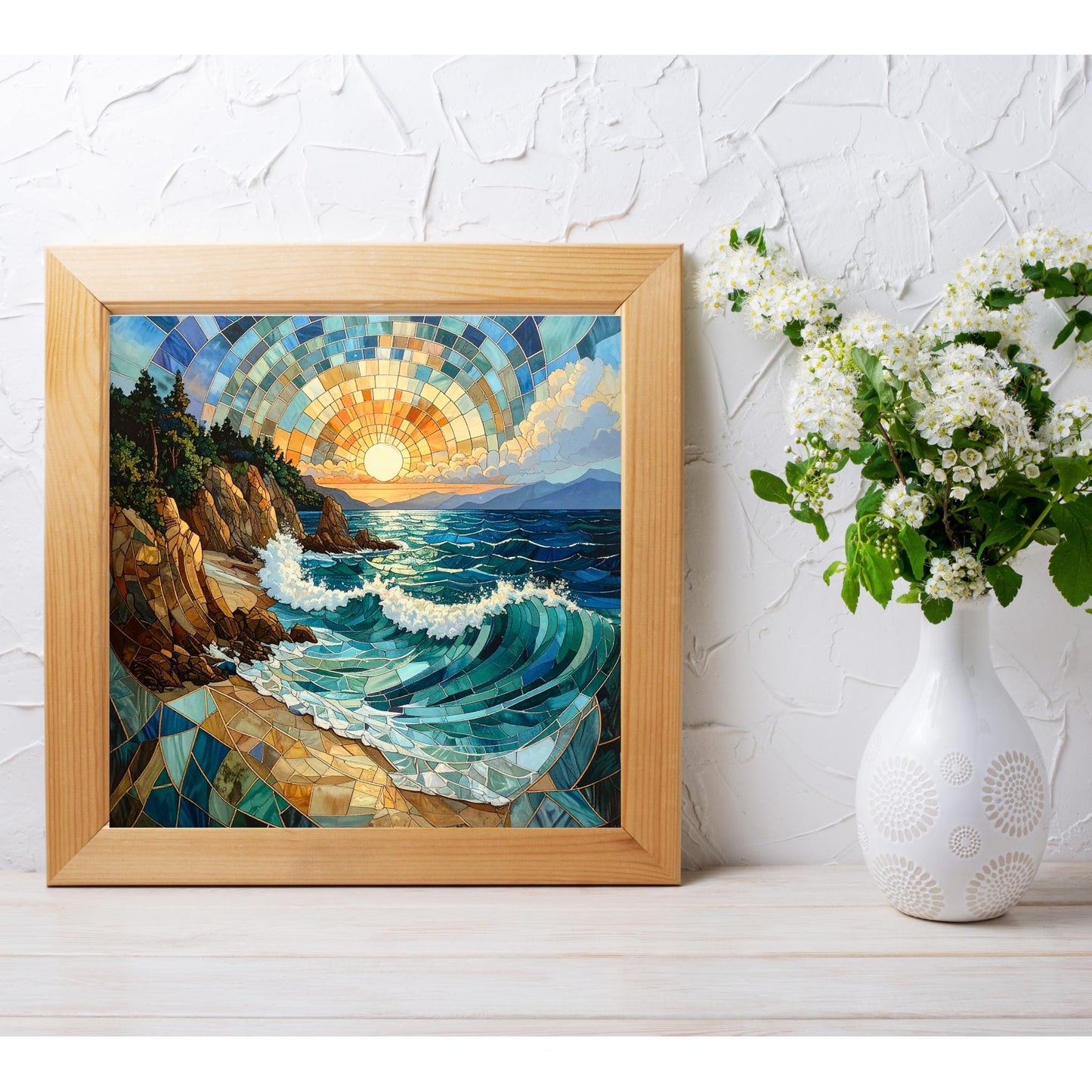 Coastal Waves Ceramic Wall Art Tile, Stained Glass Look Art, Beautiful Ocean View Tile for Artful Display and Home Decor for Small Spaces