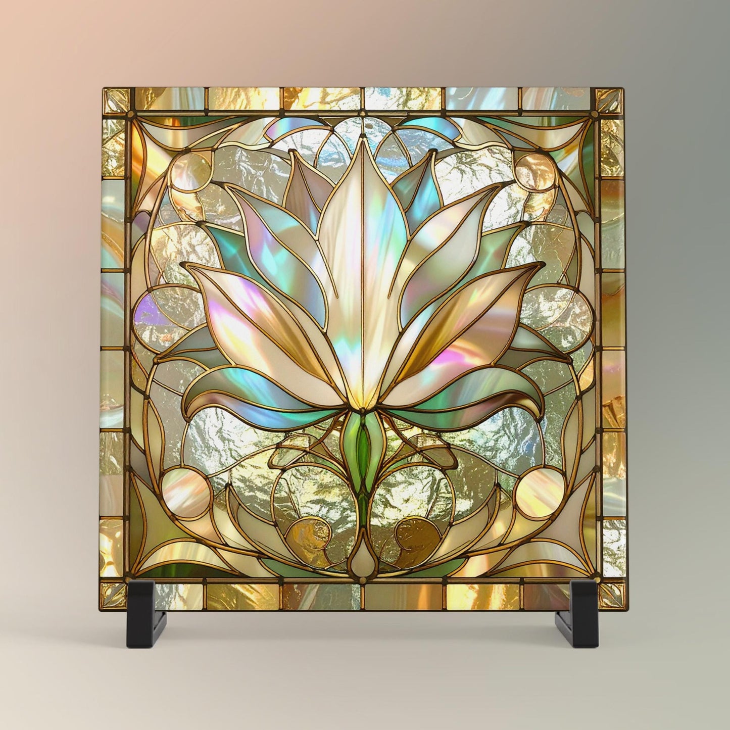 Lotus Flower Ceramic Tile Art - Stained Glass Look Elegant Flower Wall Decor for Yoga & Meditation, Spiritual Mindfulness Gift - Spa Gift