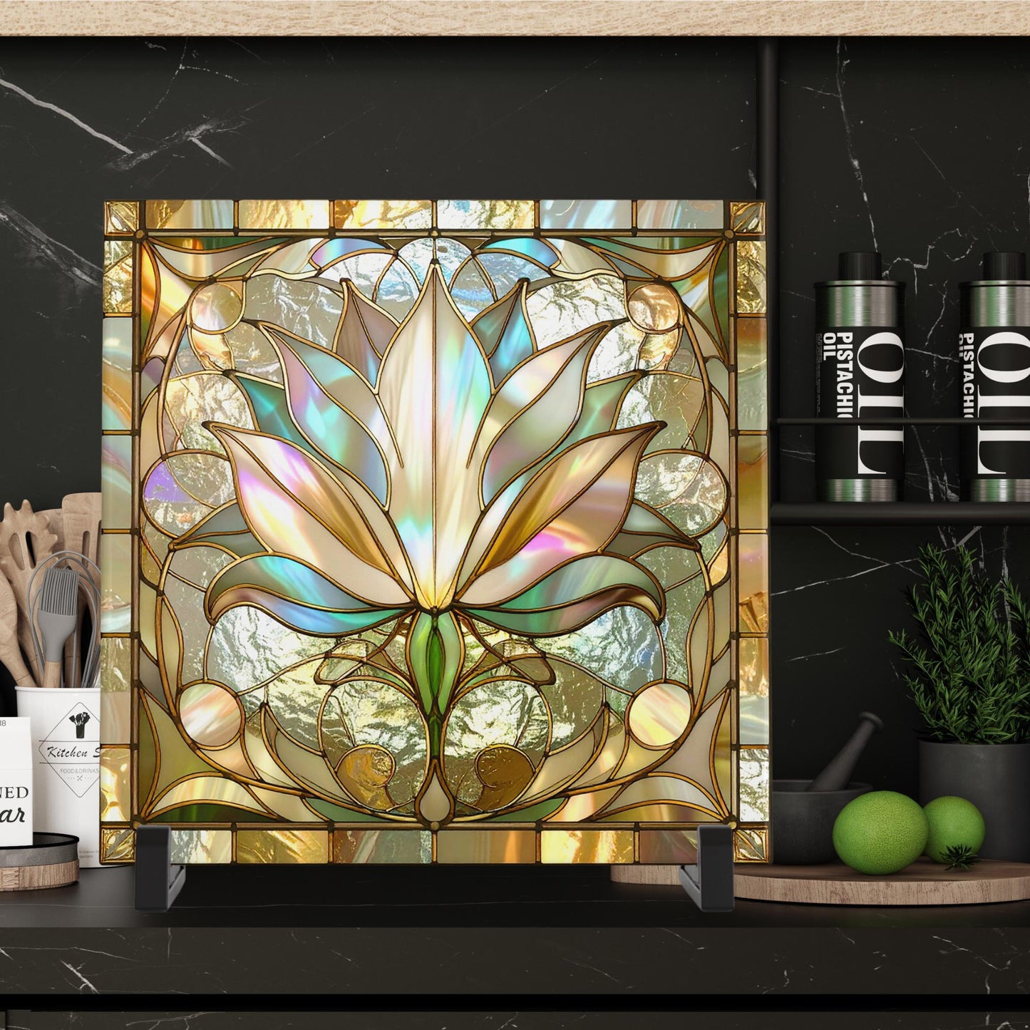 Lotus Flower Ceramic Tile Art - Stained Glass Look Elegant Flower Wall Decor for Yoga & Meditation, Spiritual Mindfulness Gift - Spa Gift