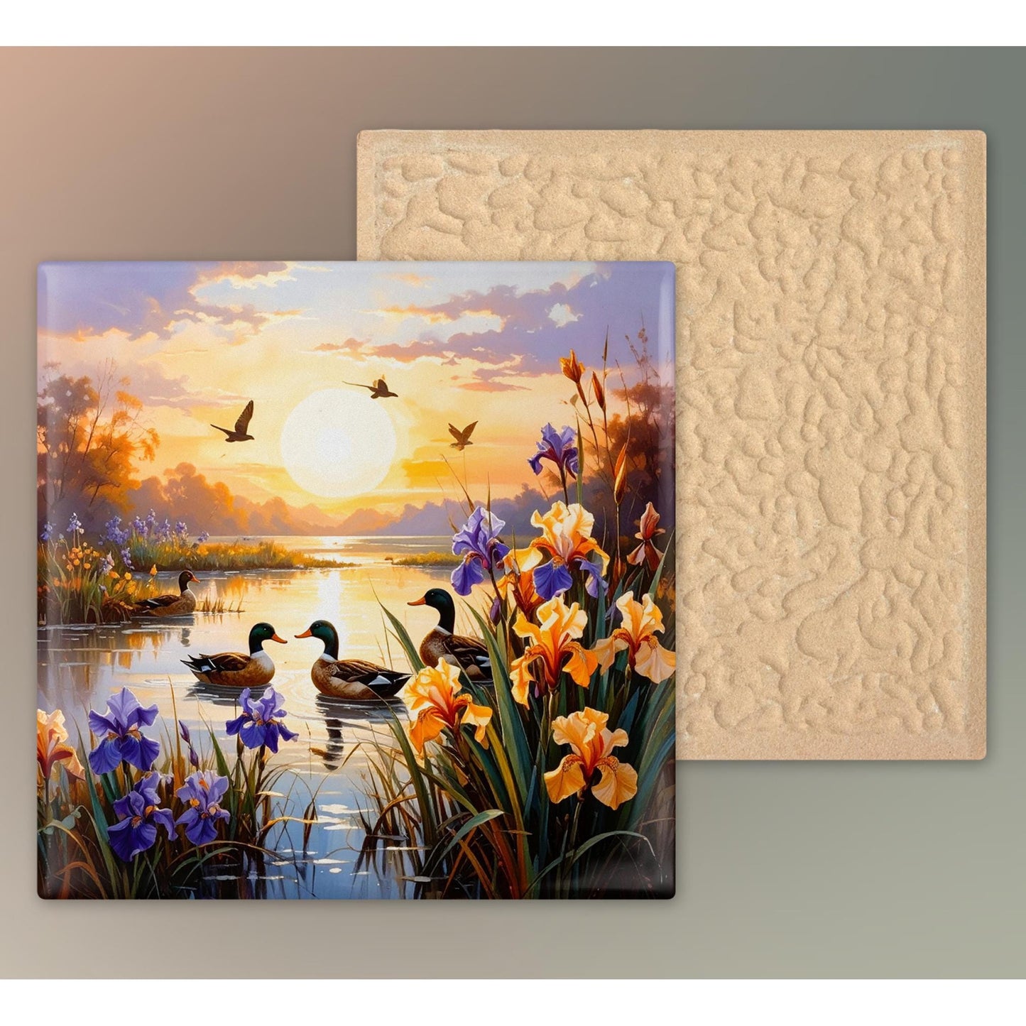 Blooming Irises Sunrise Art Tile - Vibrant Marsh Decor Featuring Ducks in Flight - Ideal for Nature Lovers - Unique Outdoorsy Gift