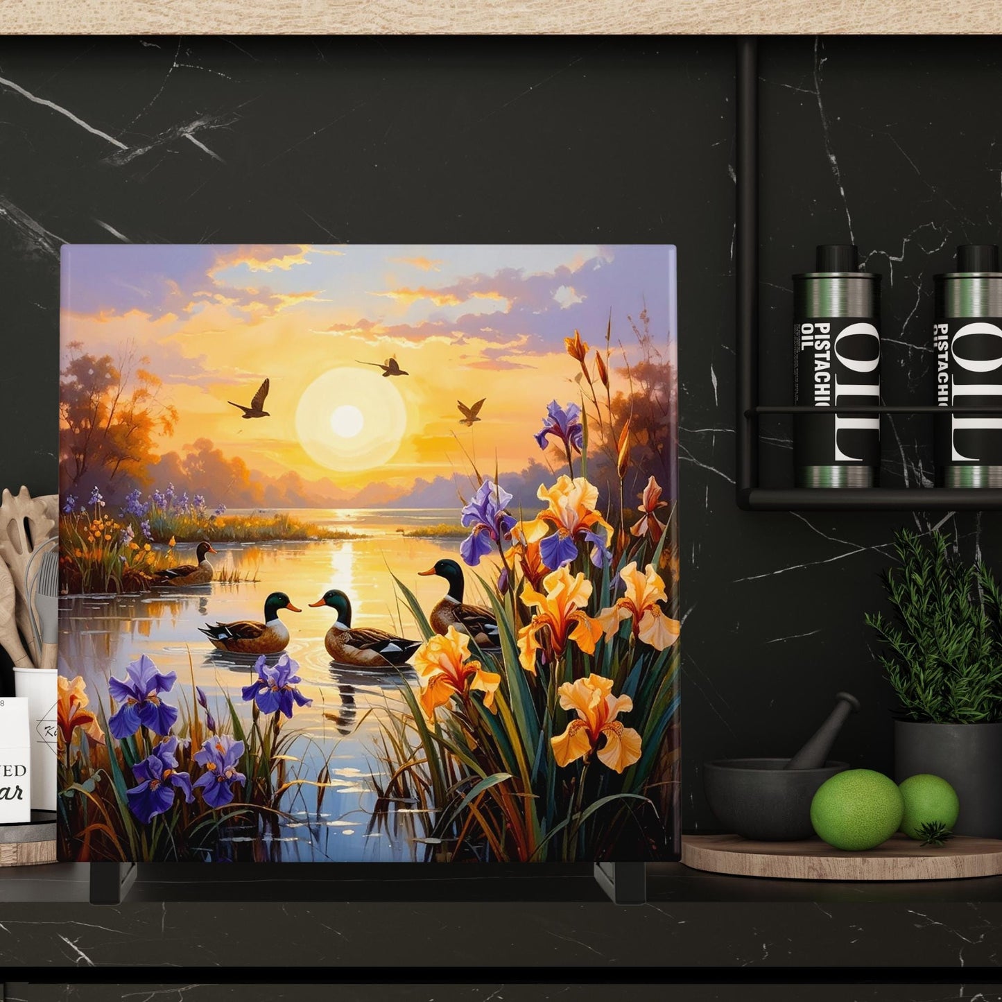 Blooming Irises Sunrise Art Tile - Vibrant Marsh Decor Featuring Ducks in Flight - Ideal for Nature Lovers - Unique Outdoorsy Gift